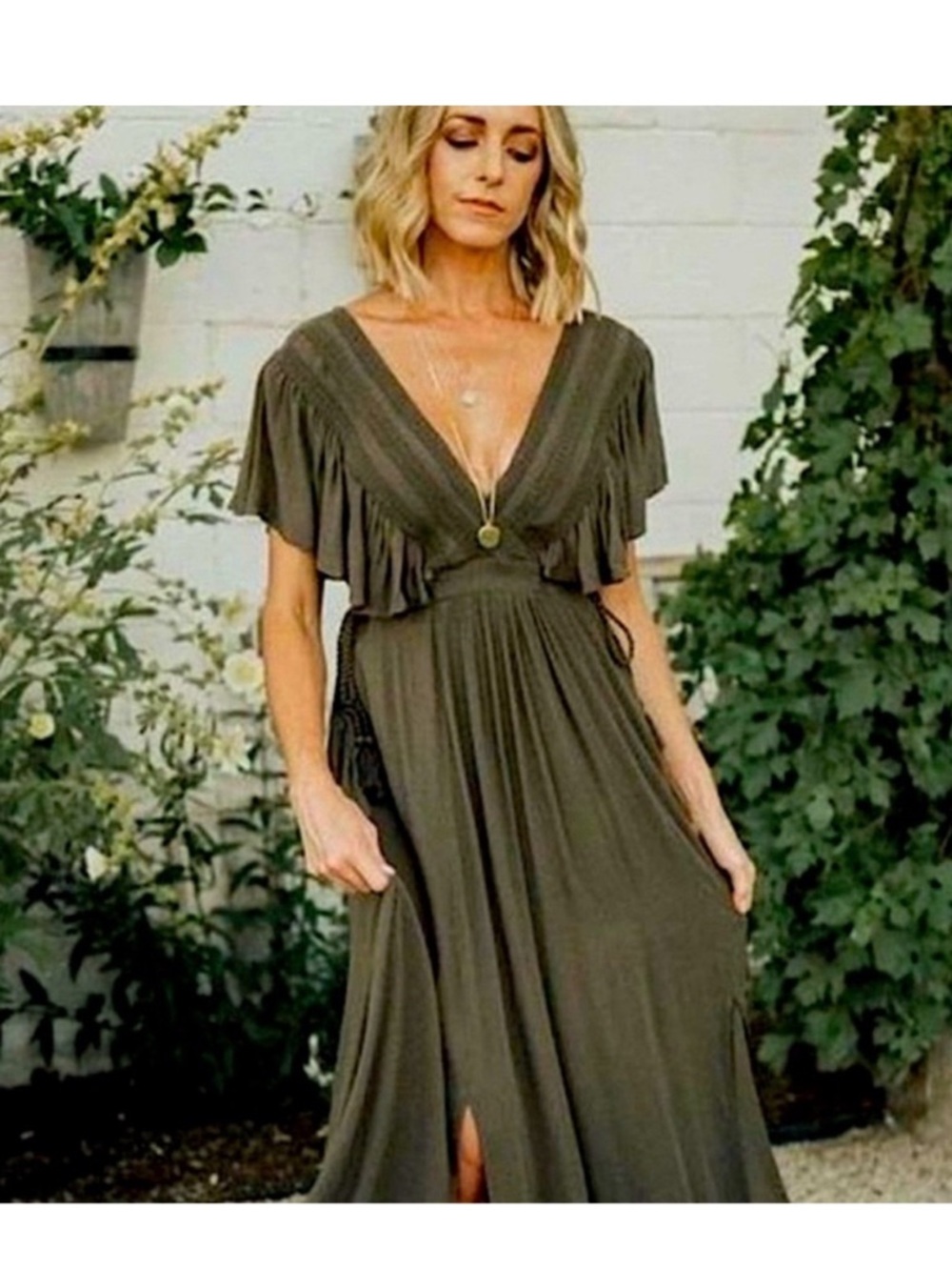Baltic Born Olive Green V-Neck Maxi Dress